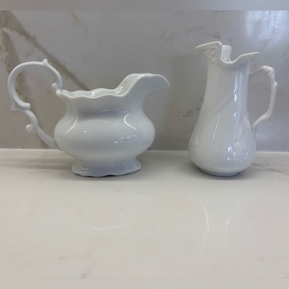 Pair of I. Godinger & Co Stylized White Porcelain Creamers Pitchers